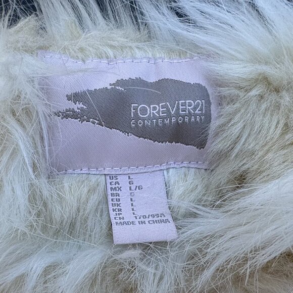 FOREVER 21 Womens Ivory Beige Stripe Faux Fur Sleeveless Vest Large Mid Length - Picture 4 of 14